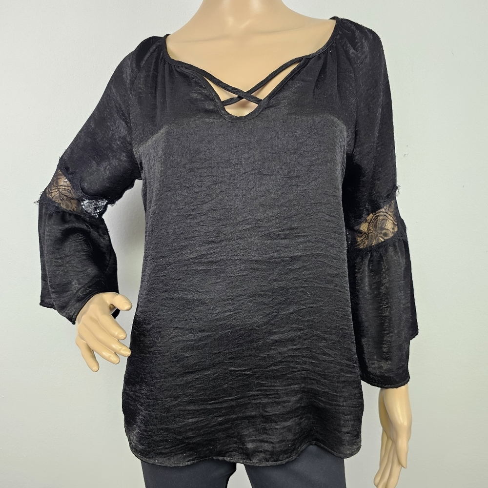 Dark Romantic Blouse Black Satiny Bell Sleeve Whimsigoth Sexy Datenight